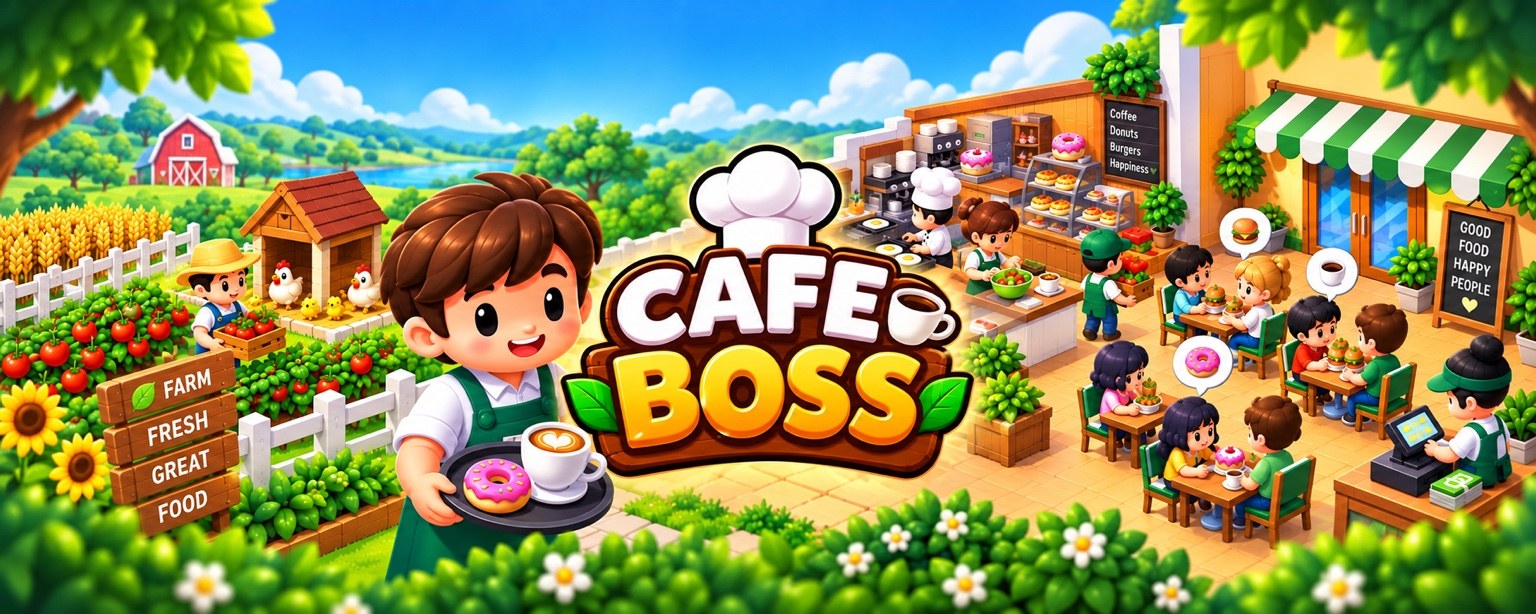 Cafe Boss game banner showing farming, cooking and happy customers